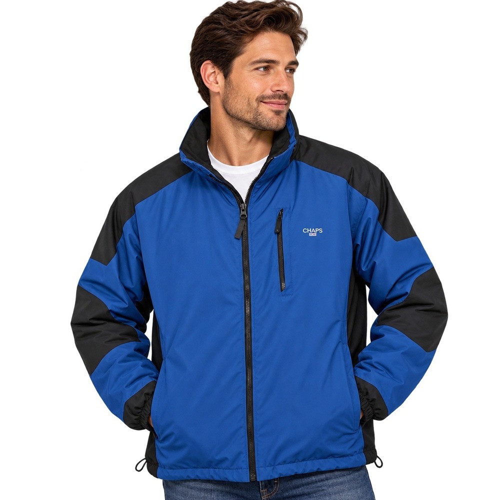 Chaps Mens Colorblock Full Zip Lightweight Warm Jacket Coat Blue Black Large